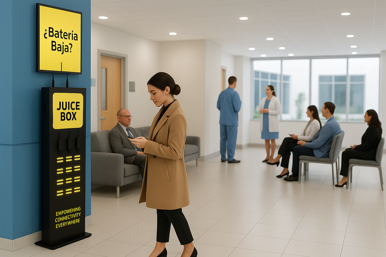 Juice Box charging station in a modern waiting area or medical facility